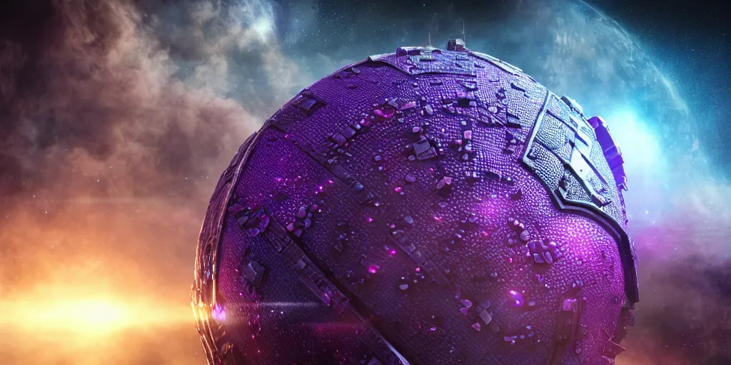 Prompt: a photo of 8k ultra realistic sphere spaceship covered in dragon scales, purple and blue neon, cinematic lighting, trending on artstation, 4k, hyperrealistic, focused, extreme details, unreal engine 5, cinematic, masterpiece