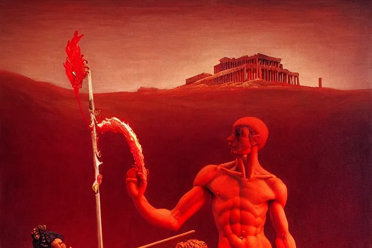 Image similar to only with red, a red melted apollo with a laurel wreath and a flaming sword announce win, athens in background, in the style of beksinski, parts by edward hopper, parts by rodcenko, parts by yue minjun, intricate and epic composition, red by caravaggio, insanely quality, highly detailed, masterpiece, red light, artstation, 4 k