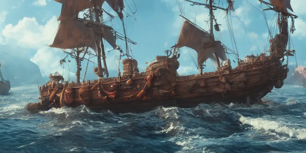 Prompt: a film still of pirate ship, medium shot, waist up, studio ghibli, pixar and disney animation, sharp, rendered in unreal engine 5, anime key art by greg rutkowski, bloom, dramatic lighting