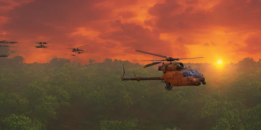 Image similar to Painting of vietnam Huey Helicopters, above a forest, orange sun set, abstract, realism, 8k, detailed, octane render, glow