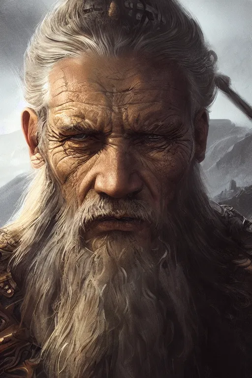 Image similar to portrait, face of a old viking King, face portrait, raphael lacoste, eddie mendoza, alex ross, concept art, matte painting, highly detailed, rule of thirds, dynamic lighting, cinematic, detailed, denoised, centerd