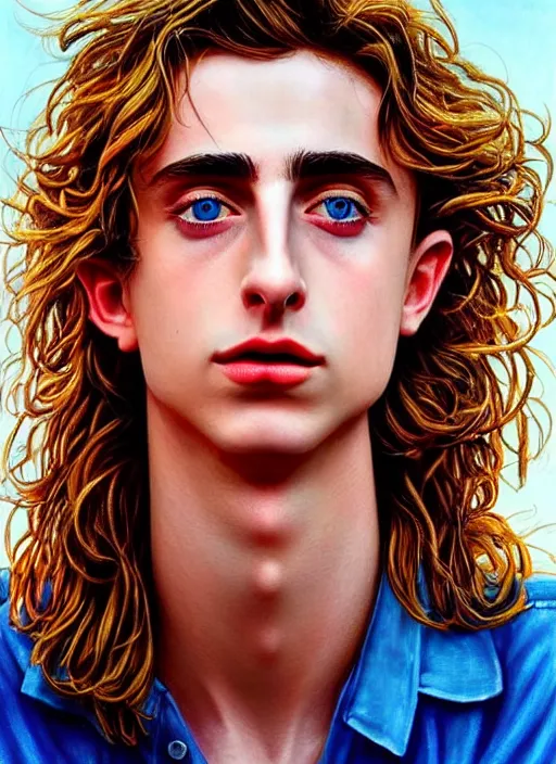 Image similar to hyperrealistic close-up TIMOTHEE CHALAMET with long BLONDE hair & blue eyes! highly detailed concept art eric zener elson peter cinematic hard blue lighting high angle hd 8k sharp shallow depth of field, inspired by David Paul Cronenberg and Zdzisław Beksiński