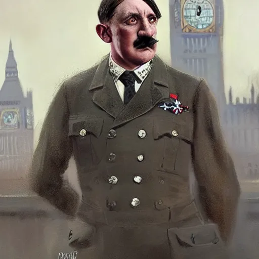 Image similar to adolf hitler wearing a dress in london geog darrow greg rutkowski