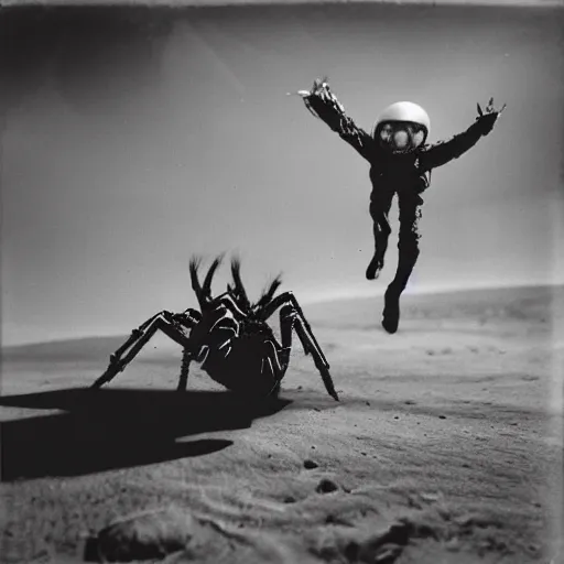 Prompt: wetplate photography, david bowie riding a spider on mars