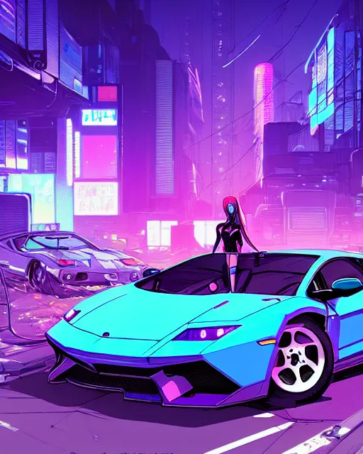 Image similar to digital illustration of cyberpunk pretty girl with blue hair, standing in front of a purple lamborghini, in junkyard at night, by makoto shinkai, ilya kuvshinov, lois van baarle, rossdraws, basquiat