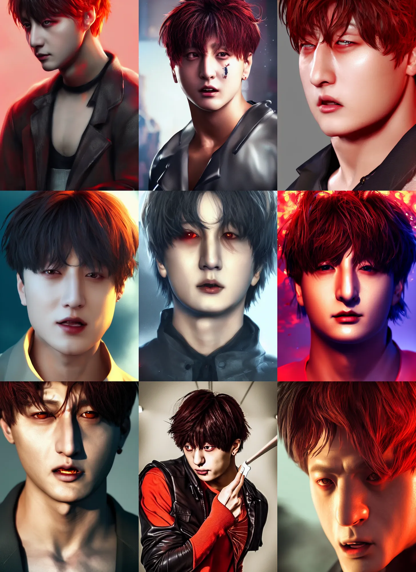 Prompt: jeon jeongguk jungkook as a vampire. photorealism, uhd, amazing depth, glowing, golden ratio, 3 d octane cycle unreal engine 5, volumetric lighting, cinematic lighting, red orange lighting, cgstation artstation concept art