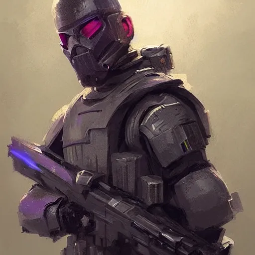 Image similar to concept art of a portrait by greg rutkowski, a soldier of the eternal empire wearing purple and black tactical gear, star wars expanded universe, smooth, sharp focus, artstation hq.