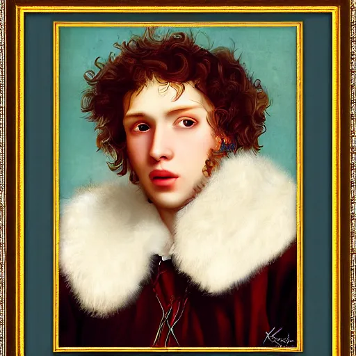 Image similar to young man with curly reddish hair, in rich Russian furcoat, with pearl earring, Russian Empire, cinematic lighting, highly detailed, digital art, Renaissance painting, framed, by Kiprensky, by Rutkowsky,