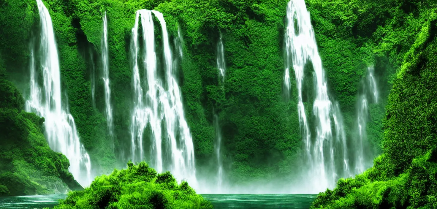 Image similar to a large waterfall in the middle of a green valley, vector art, a detailed matte painting by jacob willemszoon de wet, shutterstock contest winner, naturalism, sense of awe, national geographic photo, unreal engine