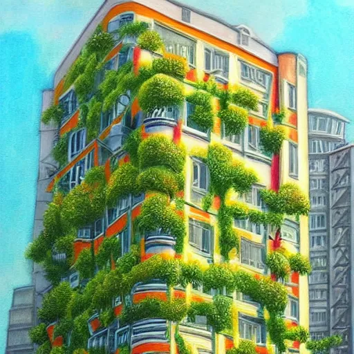 Image similar to Beautiful city of the future in harmony with nature. Plants on buildings. Nice colour scheme, soft warm colour. Beautiful detailed painting by Lurid. (2022)