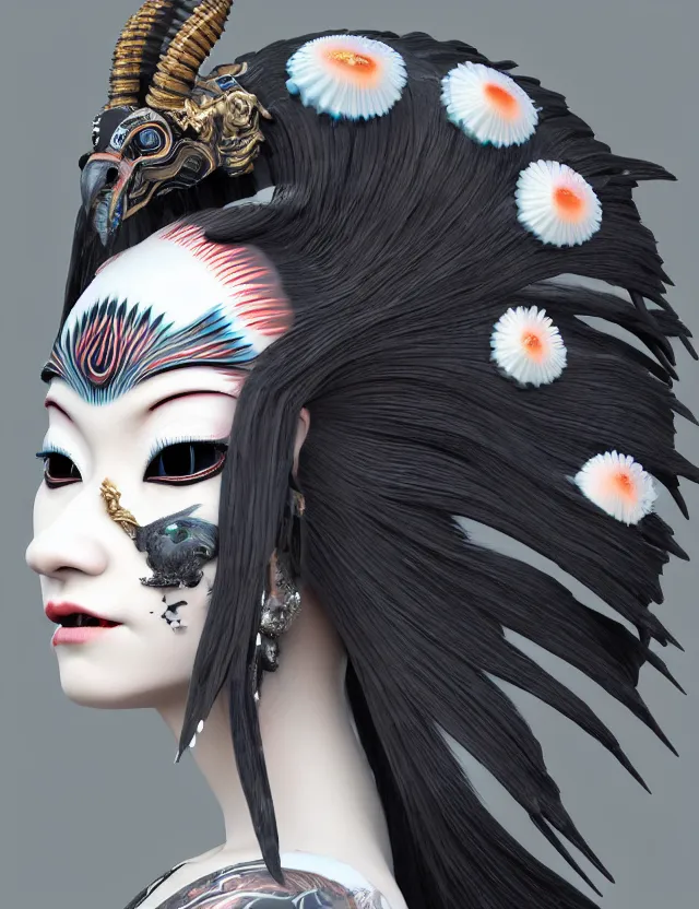 Image similar to 3 d goddess close - up profile simple portrait punk with mohawk with ram skull. beautiful intricately detailed japanese crow kitsune mask and clasical japanese kimono. betta fish, jellyfish phoenix, bio luminescent, plasma, ice, water, wind, creature, artwork by tooth wu and wlop and beeple and greg rutkowski