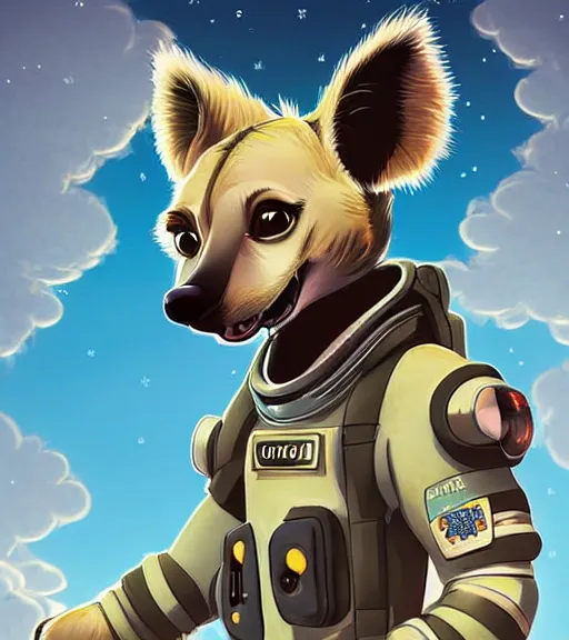 Prompt: digital detailed art of furry female hyena, in style of zootopia, fursona, furry, furaffinity, deviantart, wearing astronaut outfit, floating in space, space background, hyena fursona, cyberpunk, detailed face, style of artgerm,