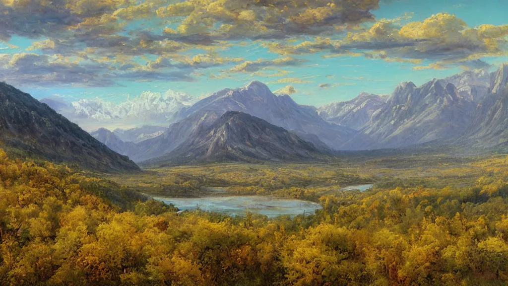 Prompt: The most beautiful panoramic landscape, oil painting, where the mountains are towering over the valley below their peaks shrouded in mist, the sun is just peeking over the horizon producing an awesome flare and the sky is ablaze with warm colors, lots of birds and stratus clouds. The river is winding its way through the valley and the trees are starting to turn yellow and red, by Greg Rutkowski, aerial view, naturalism