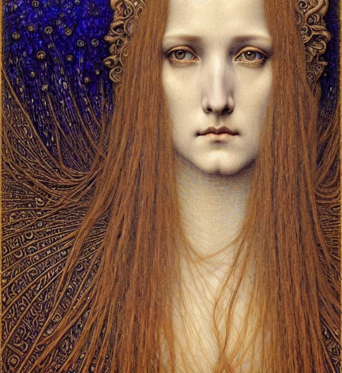 Image similar to detailed realistic beautiful young medieval queen face portrait by jean delville, gustave dore and marco mazzoni, art nouveau, symbolist, visionary, gothic, pre - raphaelite. horizontal symmetry