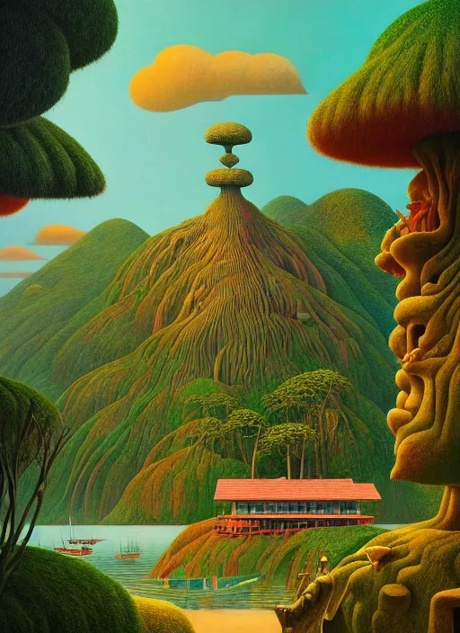 Prompt: hyper detailed 3d render like a Oil painting - the exotic island by Jacek Yerka, Mariusz Lewandowski, Abstract brush strokes, Masterpiece, Edward Hopper and James Gilleard, Zdzislaw Beksinski, Mark Ryden, Wolfgang Lettl, hints of Yayoi Kasuma, octane render, 8k