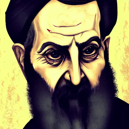 Prompt: potrait of khamenei looking like demon, miserable, horror, dark high detail, sharp high detail, artstation, felix englund, dark atmosphere, artstation