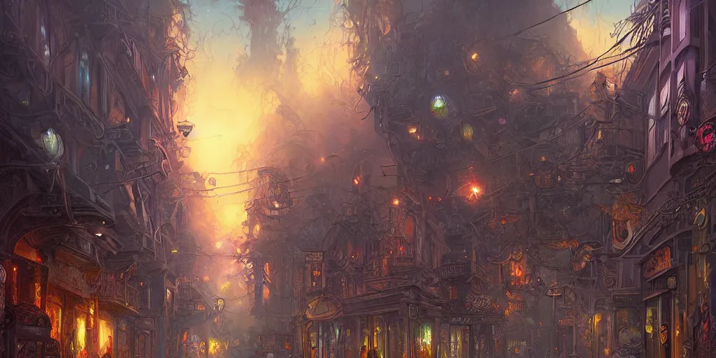 Prompt: a view from the otherworldly streets of santa cruz ca, by tony diterlizzi and by brom's, crowded, beautiful digital painting, volumetric lightning, intricate details, by art germ, by greg rutkowski, vibrant deep colors, amazing fantasy art, clear sharp image, dehazed image