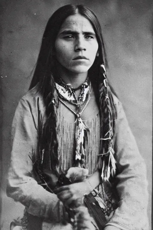 Image similar to “Photo of Native American indian woman Emma Watson, portrait, skilled warrior of the Chiricahua Apache, Lozen was the sister of Victorio a prominent Chief, showing pain and sadness on her face, ancient, realistic, detailed, emma watson”