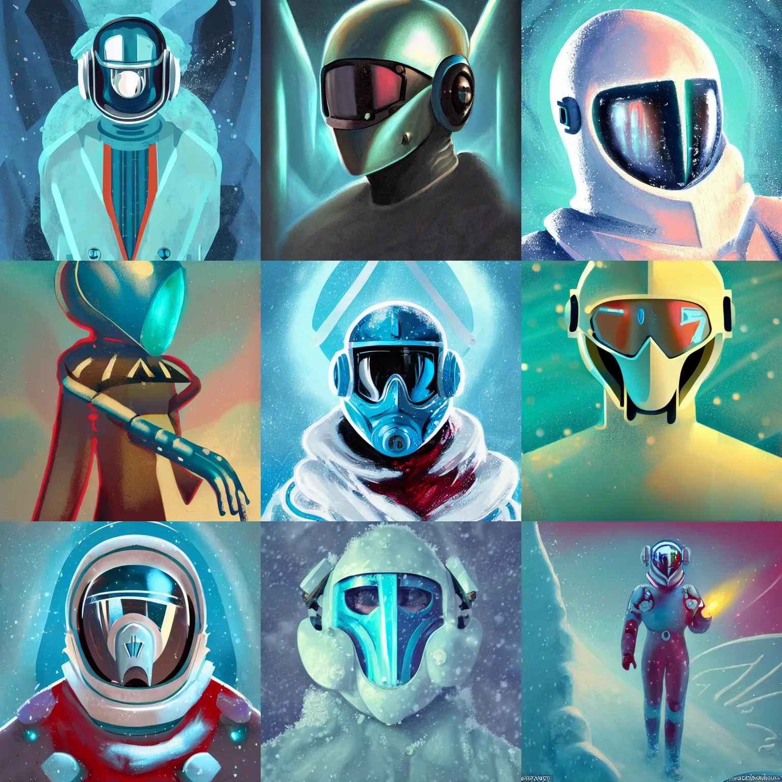 Prompt: art deco style, sci - fi pilot, full mask, oil paint concept art, alchemic, snow scene, frosty, teal palette, vibrant volumetric cinematic lighting