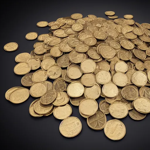 Prompt: heap of coins marked with plus and minus, product photo, volumetric lighting, studio