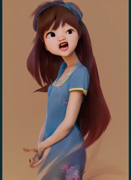 Image similar to a cute asian girl singing, flowing hair in the style of pixar animation, full body shot, viewed from bellow, award winning, hyper detailed, studio lighting, artstation, octane renderer, unreal engine