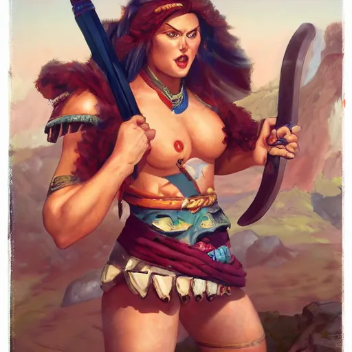 Image similar to a painted portrait of a cartoon character that has been brought to the real world, a a barbarian with a kind heart, the setting is a normal suburban backyard by huang guangjian and gil elvgren and sachin teng, 8 k,