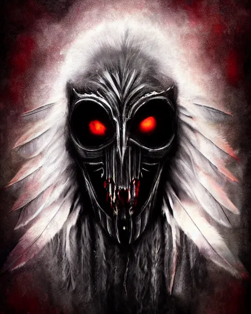 Image similar to wolf mutant ghost - spirit of the grim - warpaint wears the scarlet skull armor and native blood headdress feathers, midnight fog - mist!, dark oil painting colors, realism, cinematic lighting, various refining methods, micro macro autofocus, ultra definition, award winning photo, photograph by ghostwave - gammell - giger - shadowlord