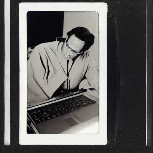 Image similar to a polaroid photo of a man checking his emails from the perspective of a computer screen