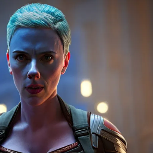 KREA - film still of bald and blue Scarlett Johansson as Nebula in  Guardians of the galaxy