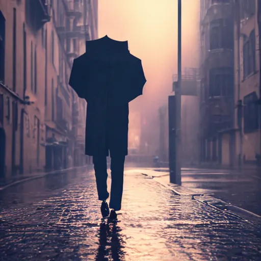 Image similar to golden man walking on a rainy street, golden hours, heat wave, 4 k photoshop