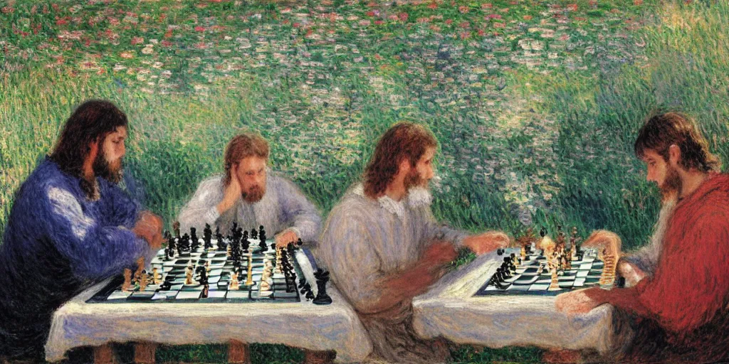 Image similar to jesus and magnus carlsen playing chess in heaven by monet