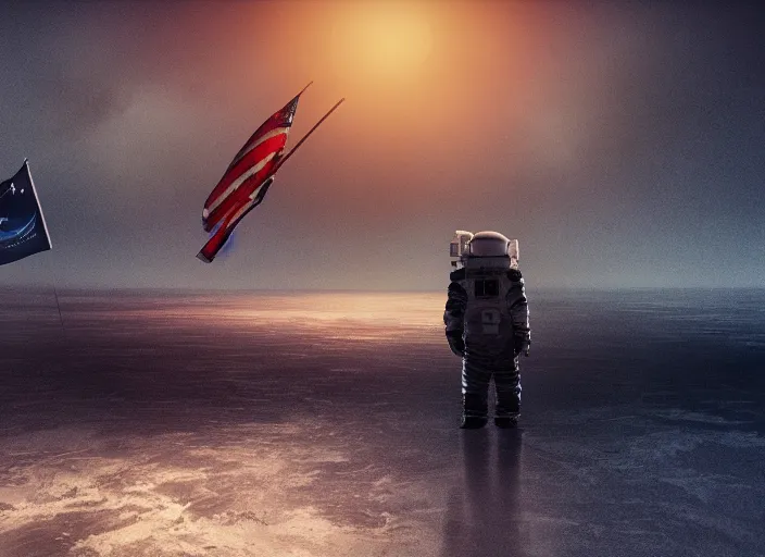 Image similar to astronaut holding a flag in an underwater desert. a submarine is visible in the distance. dark, concept art, cinematic, dramatic, atmospheric, 8 k, trending on artstation, blue, fish, low visibility, fog, ocean floor, christopher nolan, interstellar