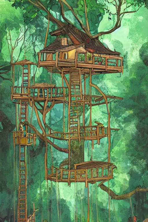Image similar to tree house in the rainforest, swings, garden, by alba ballesta gonzalez. 4 k wallpaper, digital flat 2 d, comic book cover, illustration, cinematic lighting.