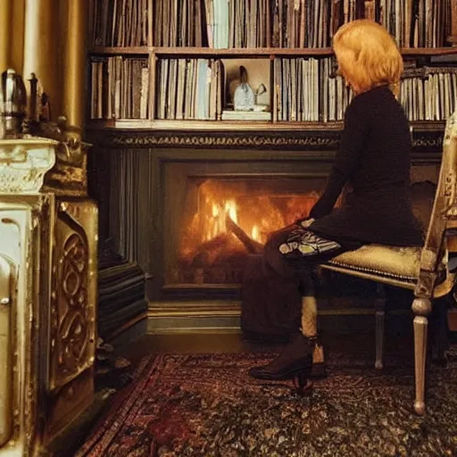 Image similar to “a lonely robot reads a book near a fireplace in a Victorian home., IMAX 70mm footage”