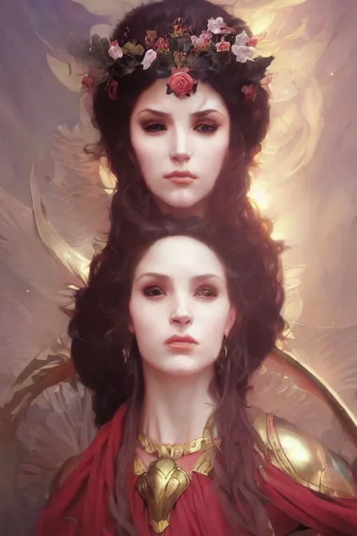 Prompt: A portrait of Kimberly Kane as the goddess of love, Stjepan Sejic, Ruan Jia, and Mandy Jurgens, and Artgerm, and william adolphe bouguereau, highly detailed, trending on artstation, award winning