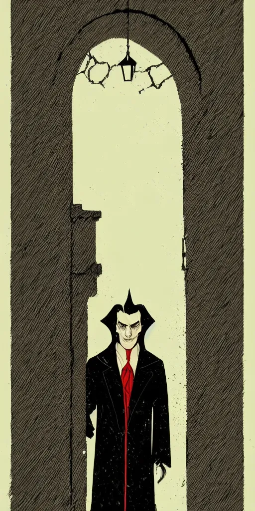 Prompt: Count Dracula standing in a darkened doorway, cover art of graphic novel, simple style, solid colors, clean lines, clean ink, trending on artstation, silkscreen