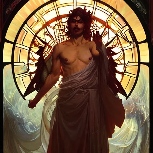 Image similar to attractive male deity, casting dark magic, summoning handsome lucifer morningstar, highly detailed painting by artgerm and greg rutkowski and alphonse mucha