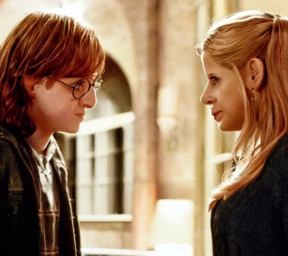 Image similar to a movie still of sarah gellar as buffy speaking to ron weasley in the movie harry potter