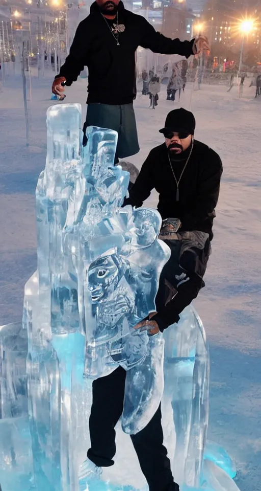 Prompt: dramatic photo, the rapper'ice cube'carving a full body ice sculpture of rapper'ice cube'at harbin ice festival, wide angle photo, award winning, artgerm, wlop, james gurney, trending on artstation