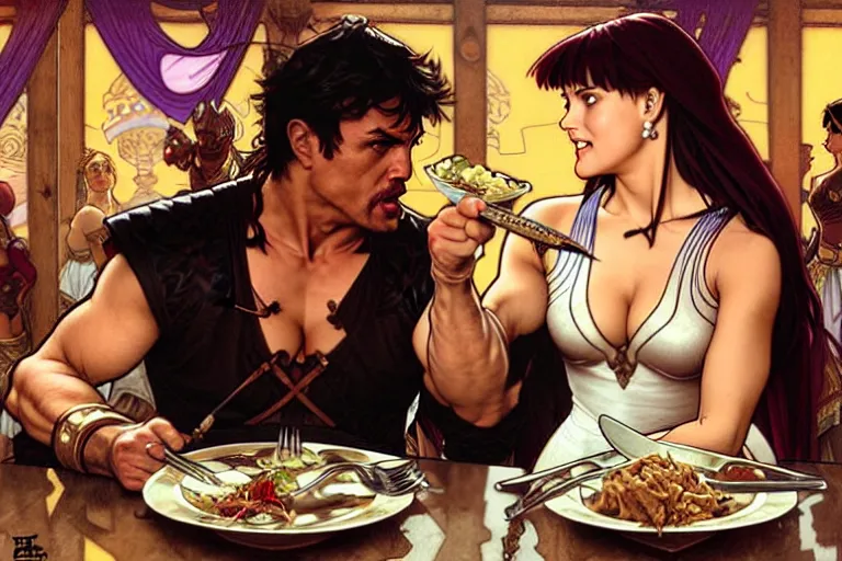 Image similar to xena warrior princess eating at a restaurant, with a hispanic man in a suit as her companion, art by artgerm and greg rutkowski and alphonse mucha