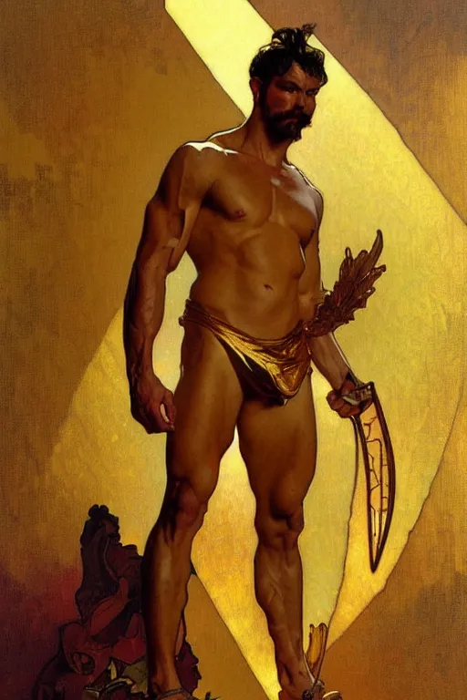 Image similar to A man wearing golden clothes, muscular, fantasy, painting by greg rutkowski and alphonse mucha