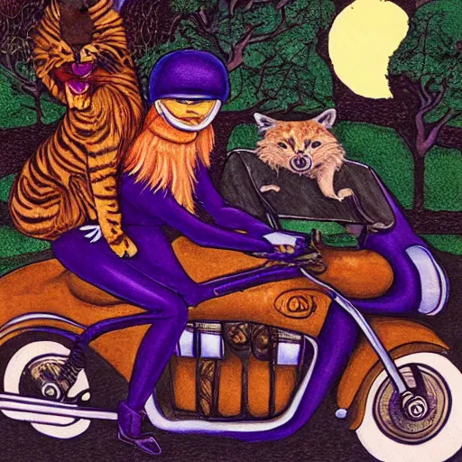Prompt: a color ink drawing by escher of a slender beautiful woman with straight ginger hair and bangs, wearing purple leathers and gold helmet, posing with large ginger tabby and raccoon on a motorcycle in front yard, holding toasted brioche bun, dramatic lighting
