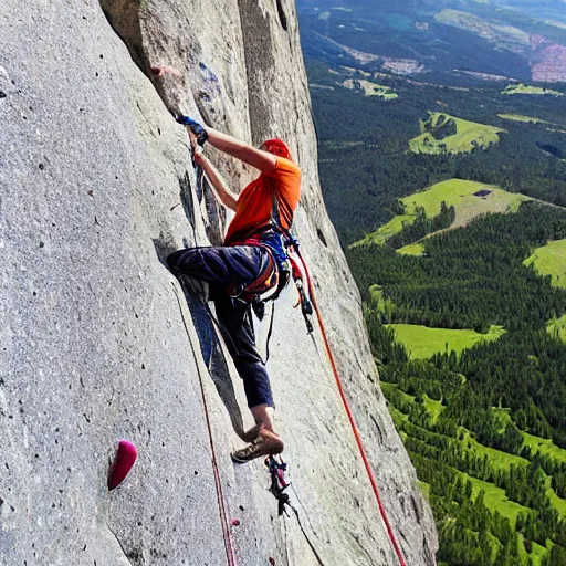 Prompt: rock climbing a multi pitch route, hyper realistic photo made by the lead climber, happy climbers enjoying a nice sunny day in a good mood