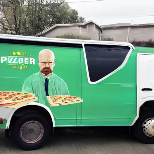 Prompt: walter white delivering pizza