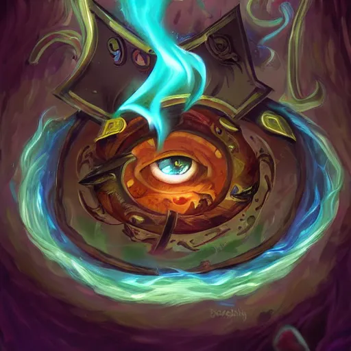 Image similar to giant eye magic spell, magic spell surrounded by magic smoke, some floating magic cards in the background, hearthstone coloring style, epic fantasy style art, fantasy epic digital art