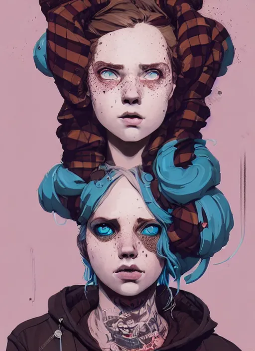 Image similar to highly detailed portrait of a sewer punk lady, blue eyes, tartan hoody, ringlet hair by atey ghailan, by greg rutkowski, by greg tocchini, by james gilleard, by joe fenton, by kaethe butcher, gradient pink, brown, light blue and white color scheme, grunge aesthetic!!! ( ( graffiti tag wall background ) )