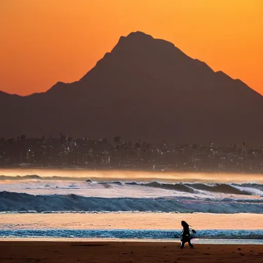 Prompt: A beach with mountains. The tallest peaks reach nearly to the sky. Ahead, in the distance, a blue-green sea stretches out for miles and miles until it fades into infinity. Surfers are riding the waves as they break against the shore. As the sun sets over the horizon, the light casts shadows across the water. A lone figure walks along the ocean's edge while looking at the distant land that lay beyond.