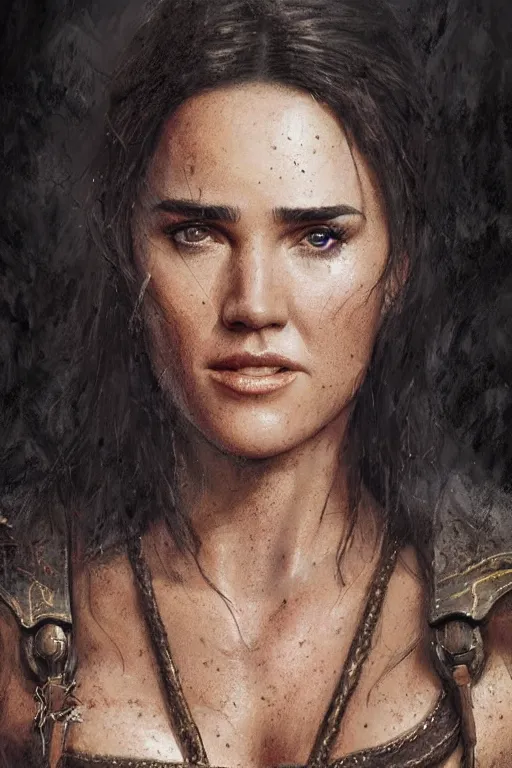 Image similar to portrait of Young Jennifer Connelly as Xena warrior princess , face portrait, raphael lacoste, eddie mendoza, alex ross, concept art, matte painting, highly detailed, rule of thirds, dynamic lighting, cinematic, detailed, denoised, centred