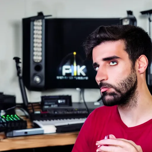 Prompt: handsome Portuguese male twitch streamer looking angrily at his expensive studio mic which isn't working, 4k