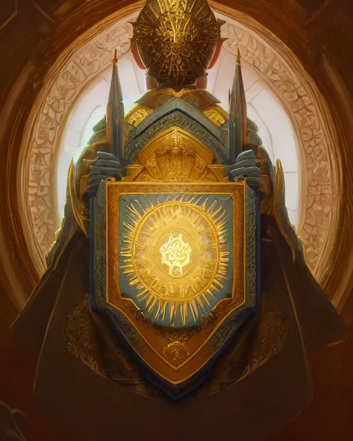 Image similar to highly detailed surreal vfx portrait of a blessed shield in a majestic castle by golden tree, stephen bliss, unreal engine, greg rutkowski, loish, rhads, beeple, makoto shinkai and lois van baarle, ilya kuvshinov, rossdraws, tom bagshaw, alphonse mucha, global illumination, detailed and intricate environment